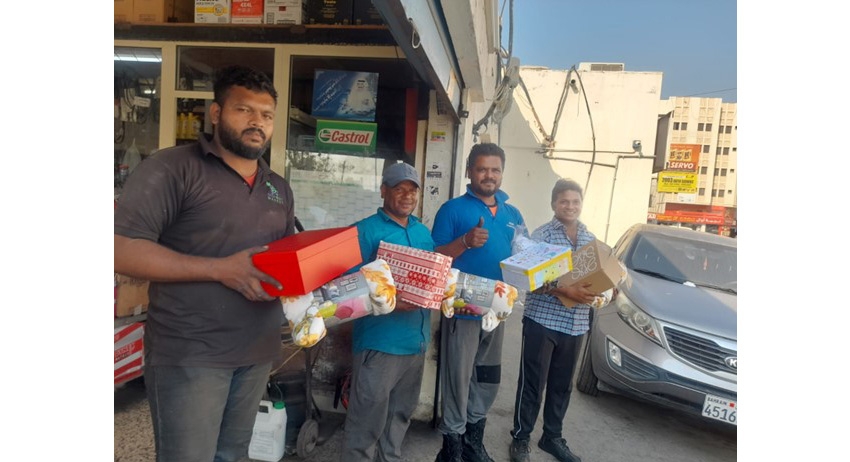 Shoe boxes full of dry goodies collected by the Arabian Celts community distributed to garage workers in Gudaibiya area.